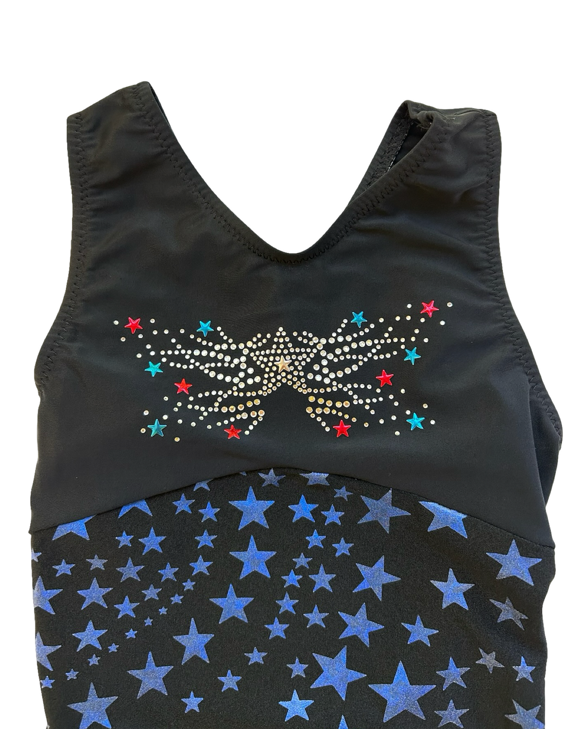 Large 6T-7T Toddler Girl’s Go For The Gold Gymnastics Leotard Stars Printed With Jewels.