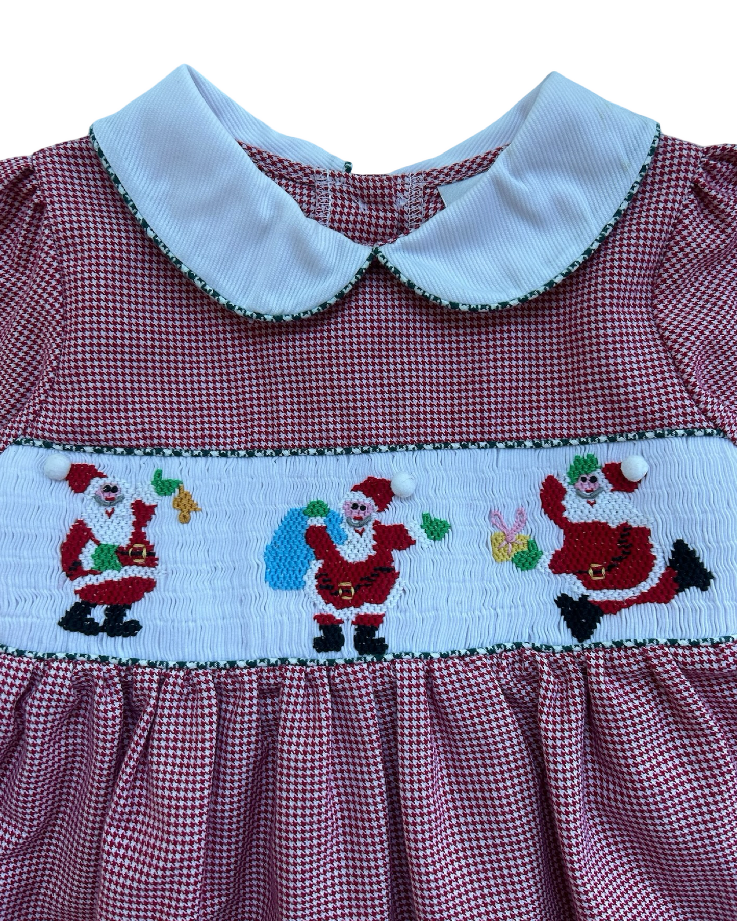 2T Toddler Girls Rare Editions Gingham Christmas Santa Embroidered Long Sleeve Dress
