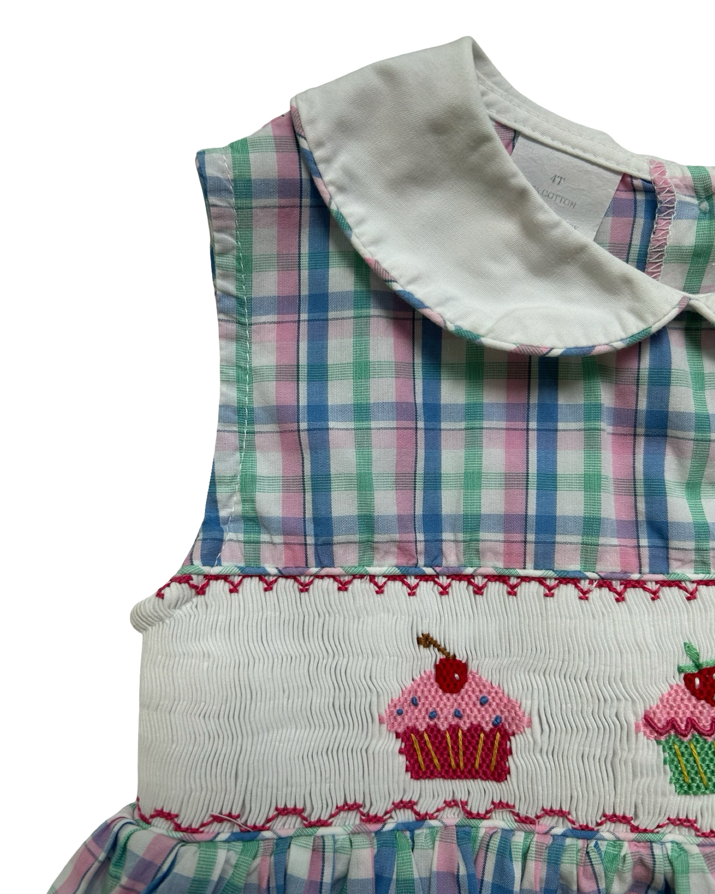 4T Toddlers Girls Bell Terrell By Johnston Plaid, Cupcake 🧁Embroidered Smocked Dress.