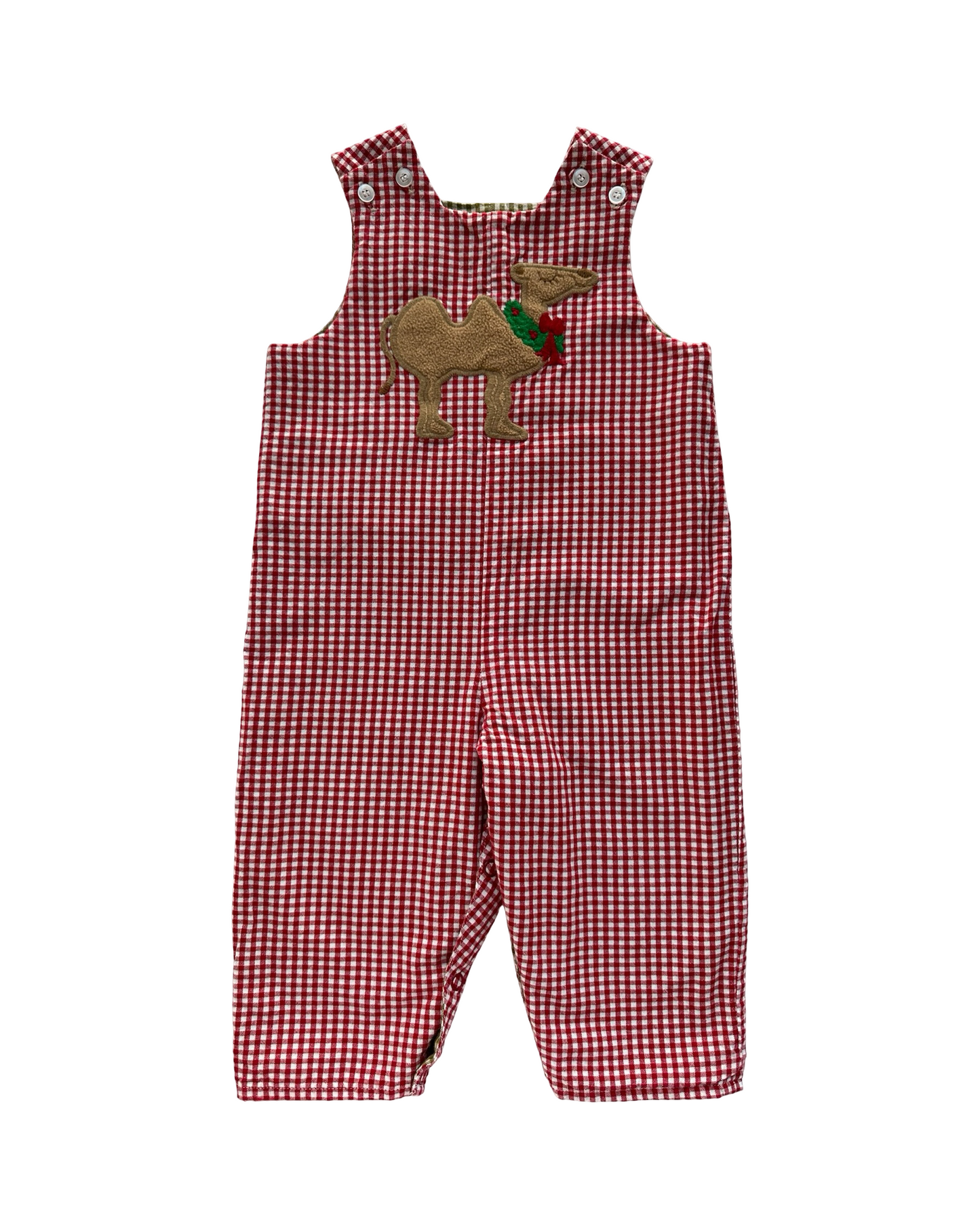 12M Baby Boys The Bailey Boys Gingham Patterned Overall-Romper Reversible Appliqués Camel 🐫 Reverse To Farm Car. One Piece.