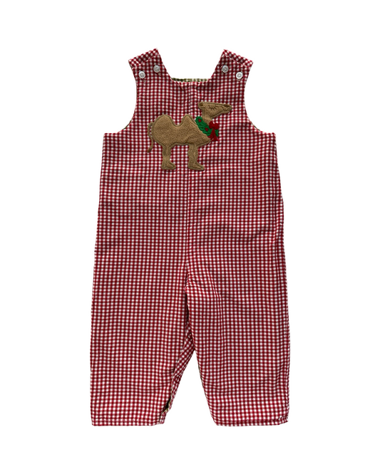 12M Baby Boys The Bailey Boys Gingham Patterned Overall-Romper Reversible Appliqués Camel 🐫 Reverse To Farm Car. One Piece.