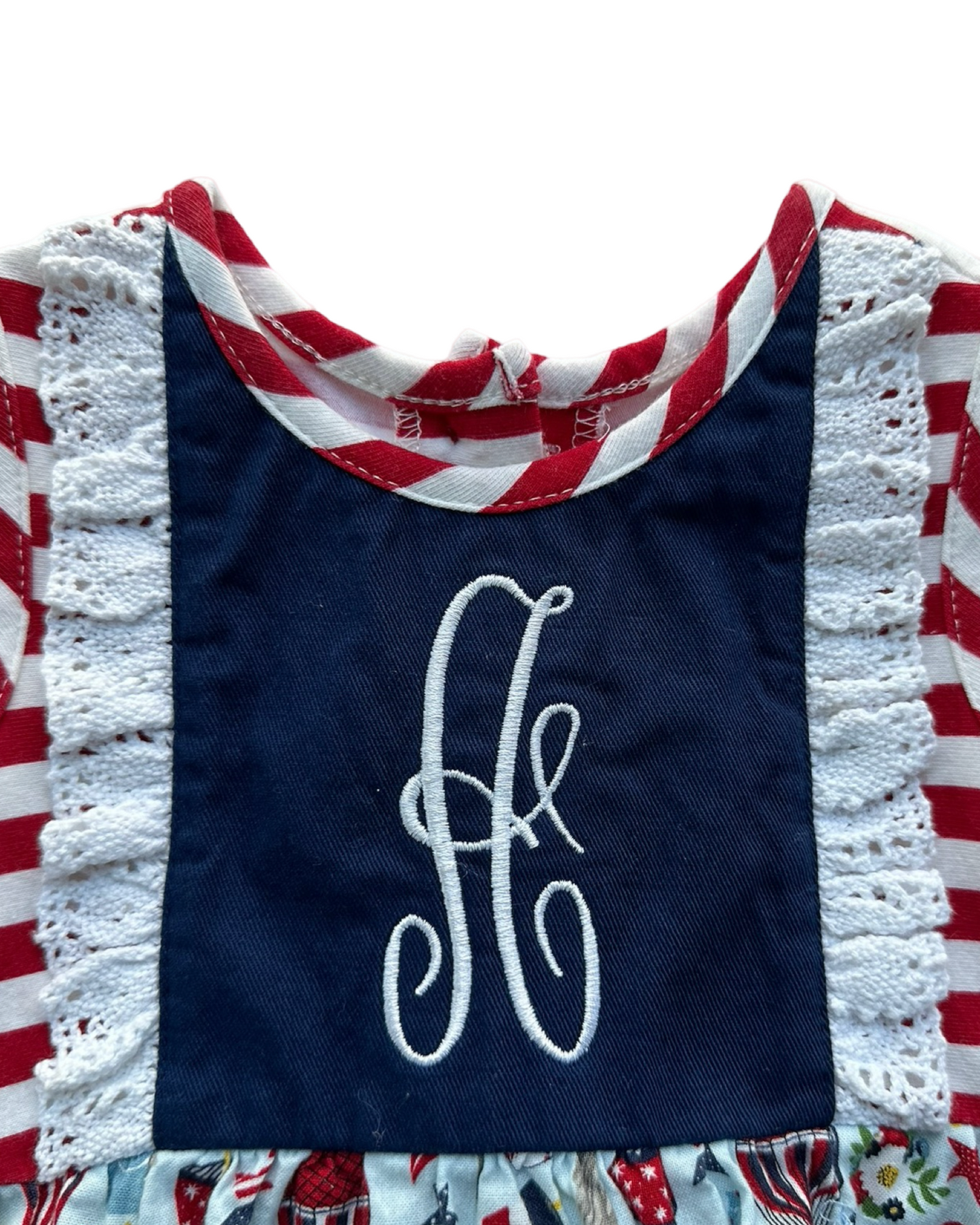 12M Baby Girl Patriotic American Ric Rac & Ruffles Bubble with Monogramed "A"