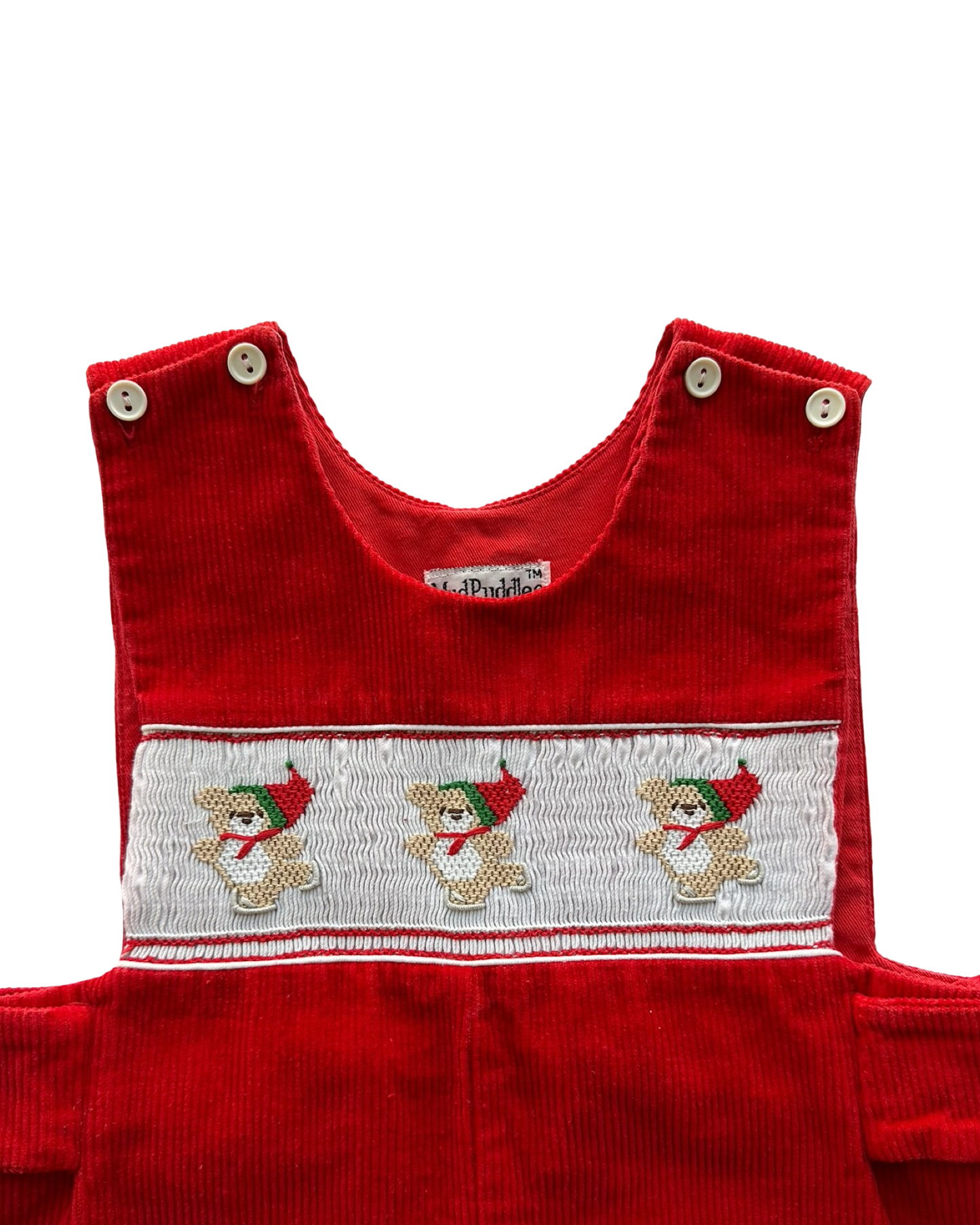 S 12M - 18M Baby Boys MudPuddles Christmas Smocked With Three Embroidered Bears 🐻 Corduroy Romper