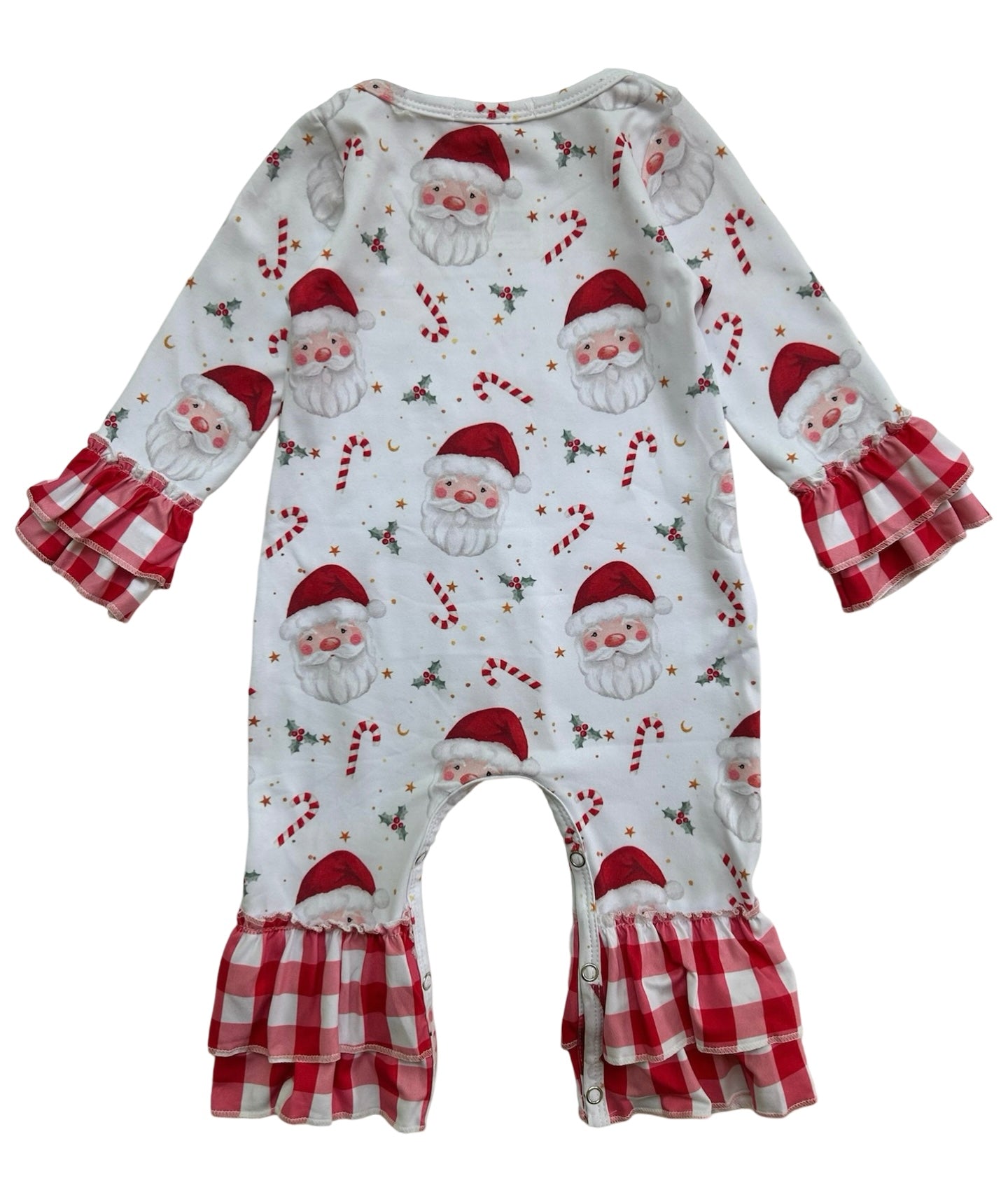 6M-12M Baby Girls Clover Cottage Santa Ruffle Romper.