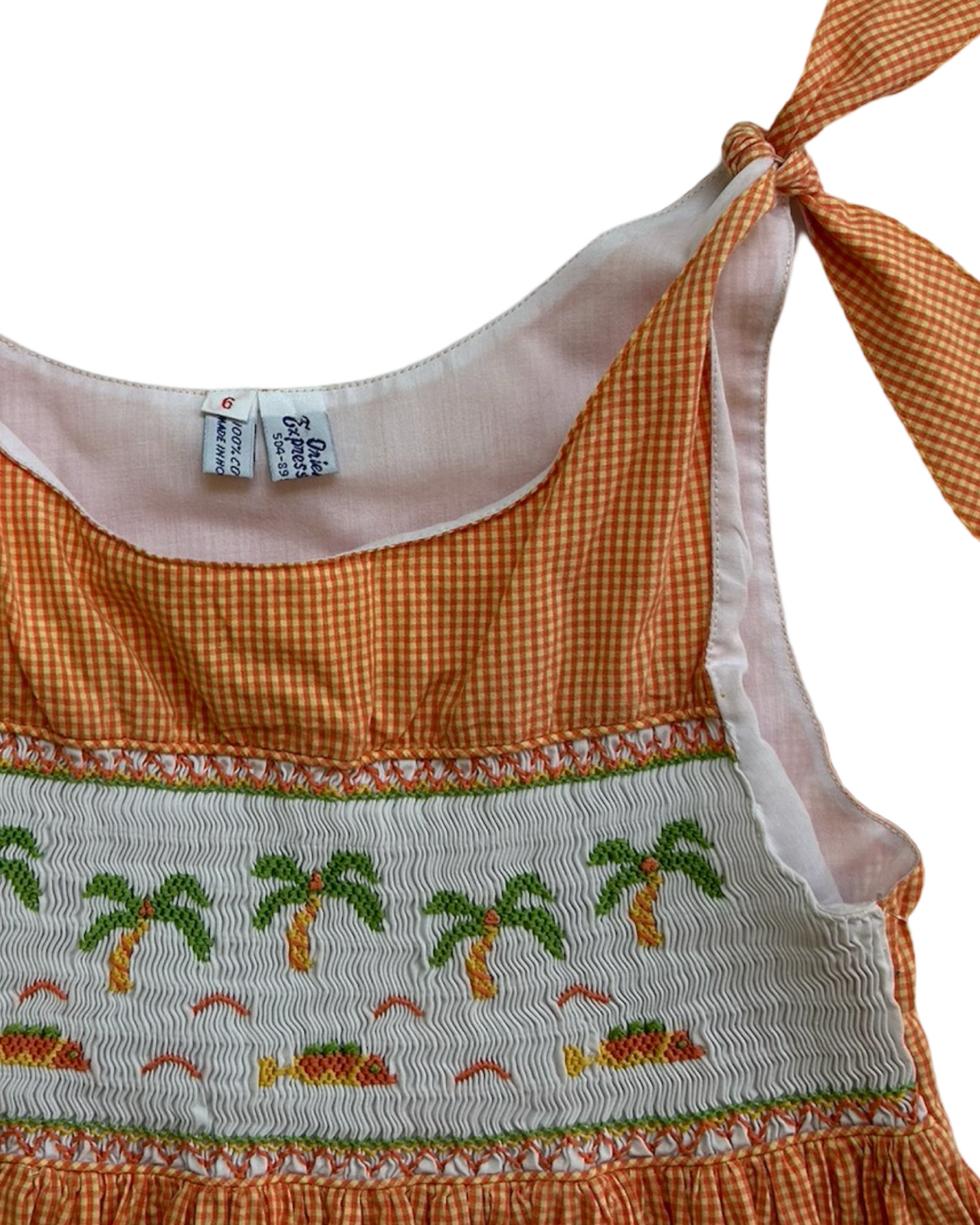 6 Toddlers Girls Orange Gingham Smocked Palm Trees Beach Dress.