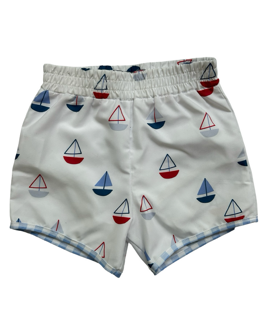 5T Toddlers Boys Sugar Bee Sailboats ⛵️ Gingham Trim Light Blue, Swim Short NWT.