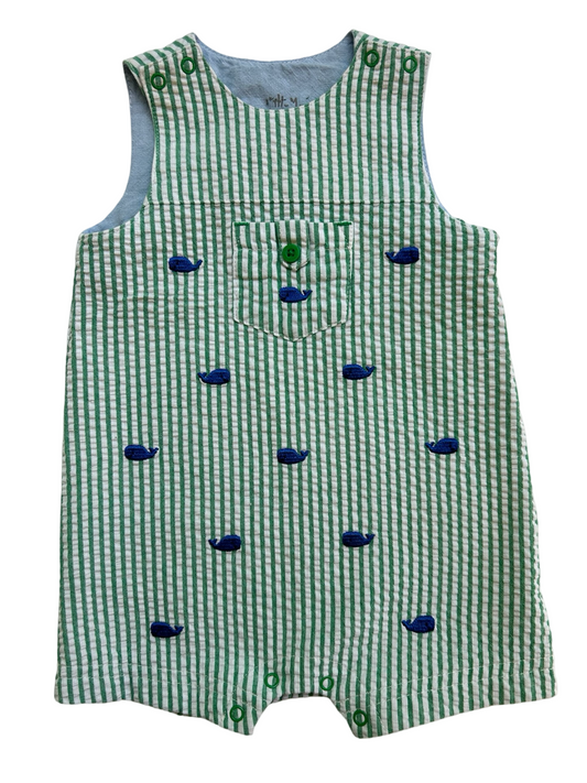 6M Baby Boy Little Me Green Striped Seersucker Blue Whale 🐳 Overall Romper
