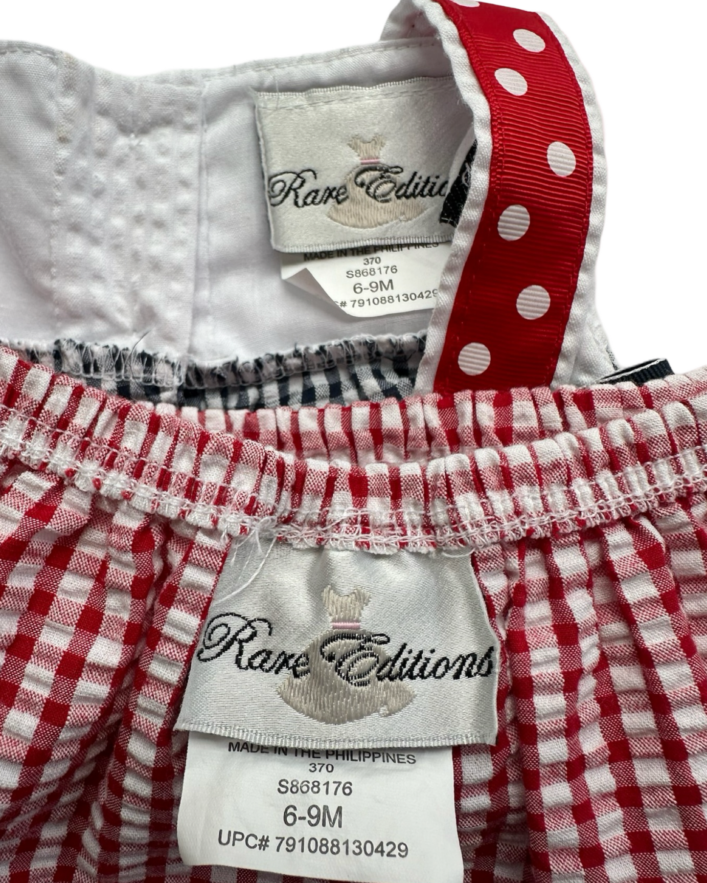 6-9M Baby Girl Red / White / Blue Seersucker Rare Editions American Butterfly Dress w/ Bloomers