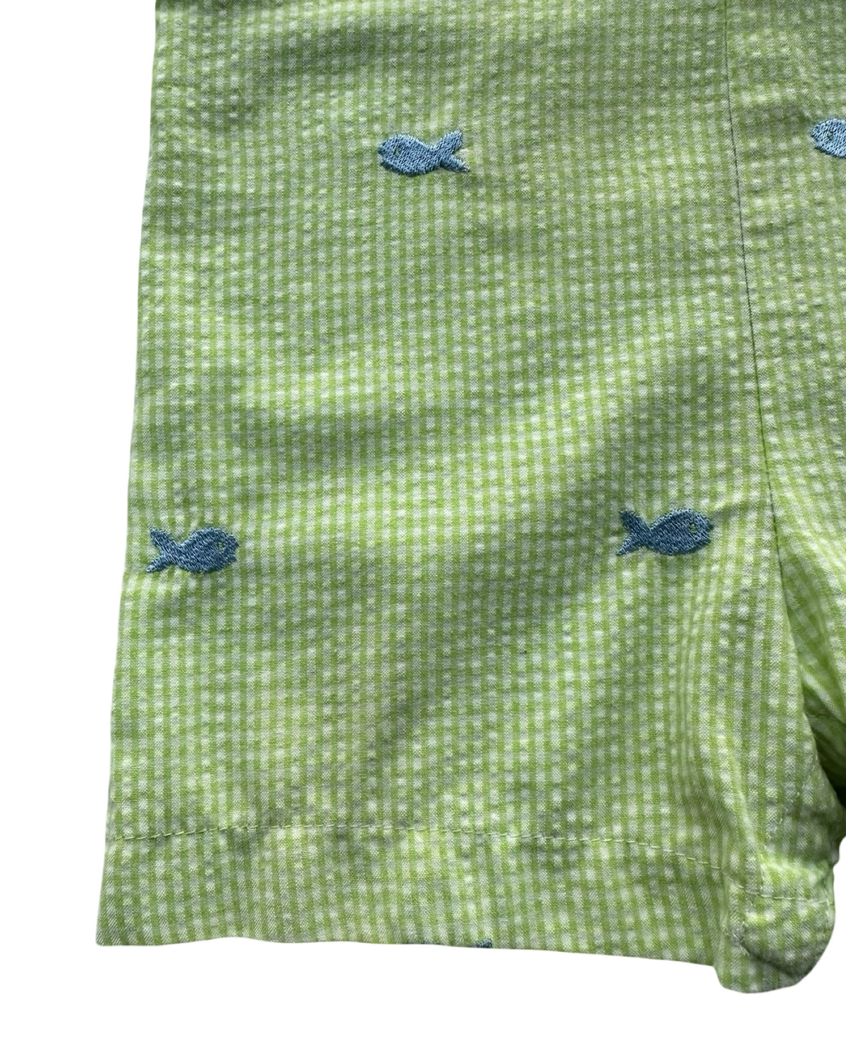12M Baby Boy Funtasia Too Dallas Gingham Fish Embroidered Overalls Romper.