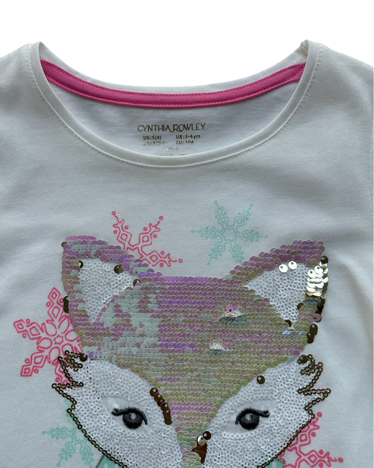 4T Toddler Girls Cynthia Rowley Christmas Winter Fox Sequins Shirt.