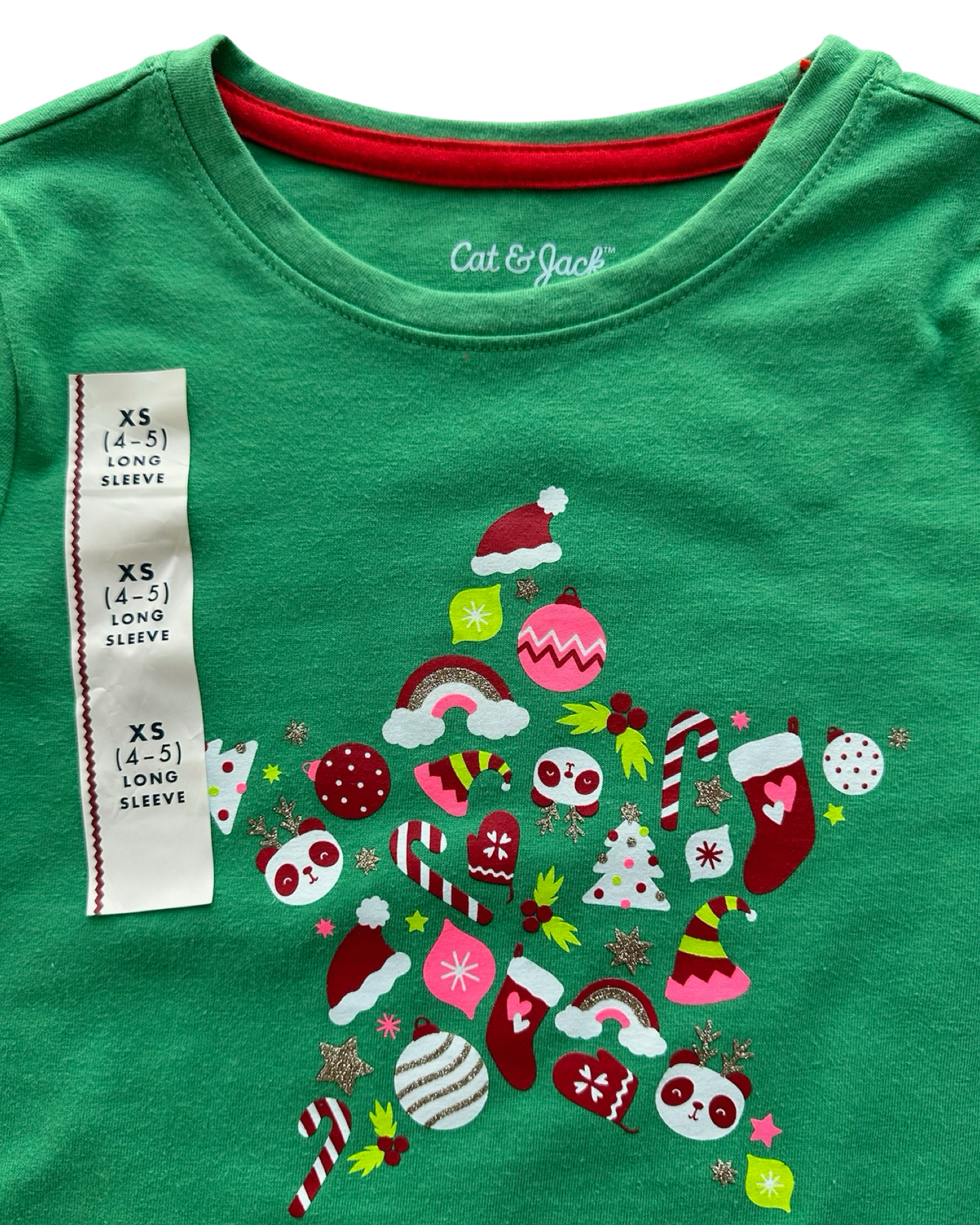 XS 4T-5T Toddler Girl Cat & Jack Glitter Panda Holiday Tree Shirt NWT