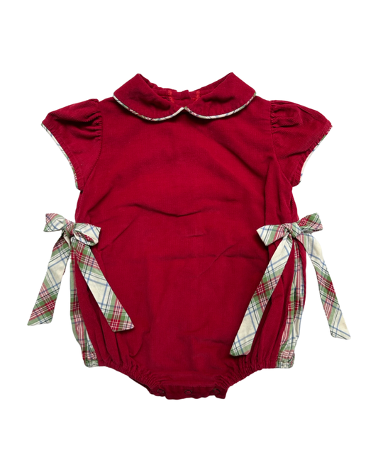 12M Baby Girl Red Corduroy Bella Bliss Holiday / Christmas Bubble with Plaid Bows