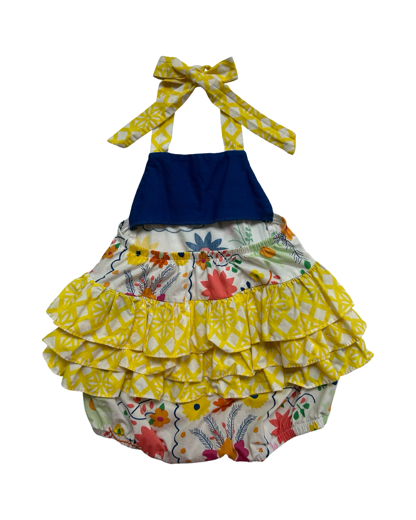 12M Baby Girls Ricrac & Ruffles Yellow Floral Bubble Romper.