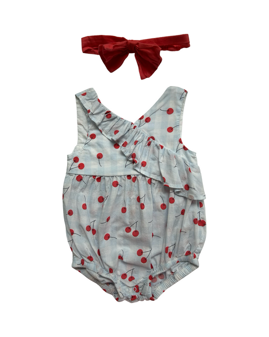 18M Baby Girls Cat & Jack Outfit Cherry 🍒 Print With Head Band Bubble Romper 2 Pieces Set.