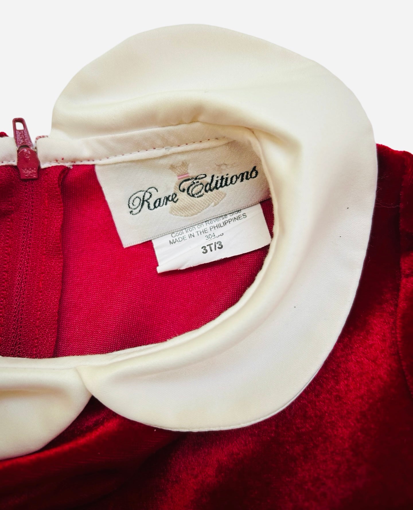 3T Toddler Girl Rare Editions Velvet Red / White Collar Bows Lined Holiday Dress.