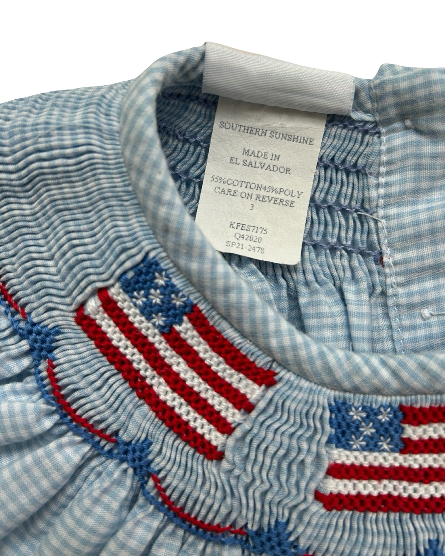 3T Toddlers Girls Southern Sunshine Patriotic Light Blue Gingham Flags 🇺🇸🇺🇸🇺🇸 Smocked And Ruffled Sleeves Dress