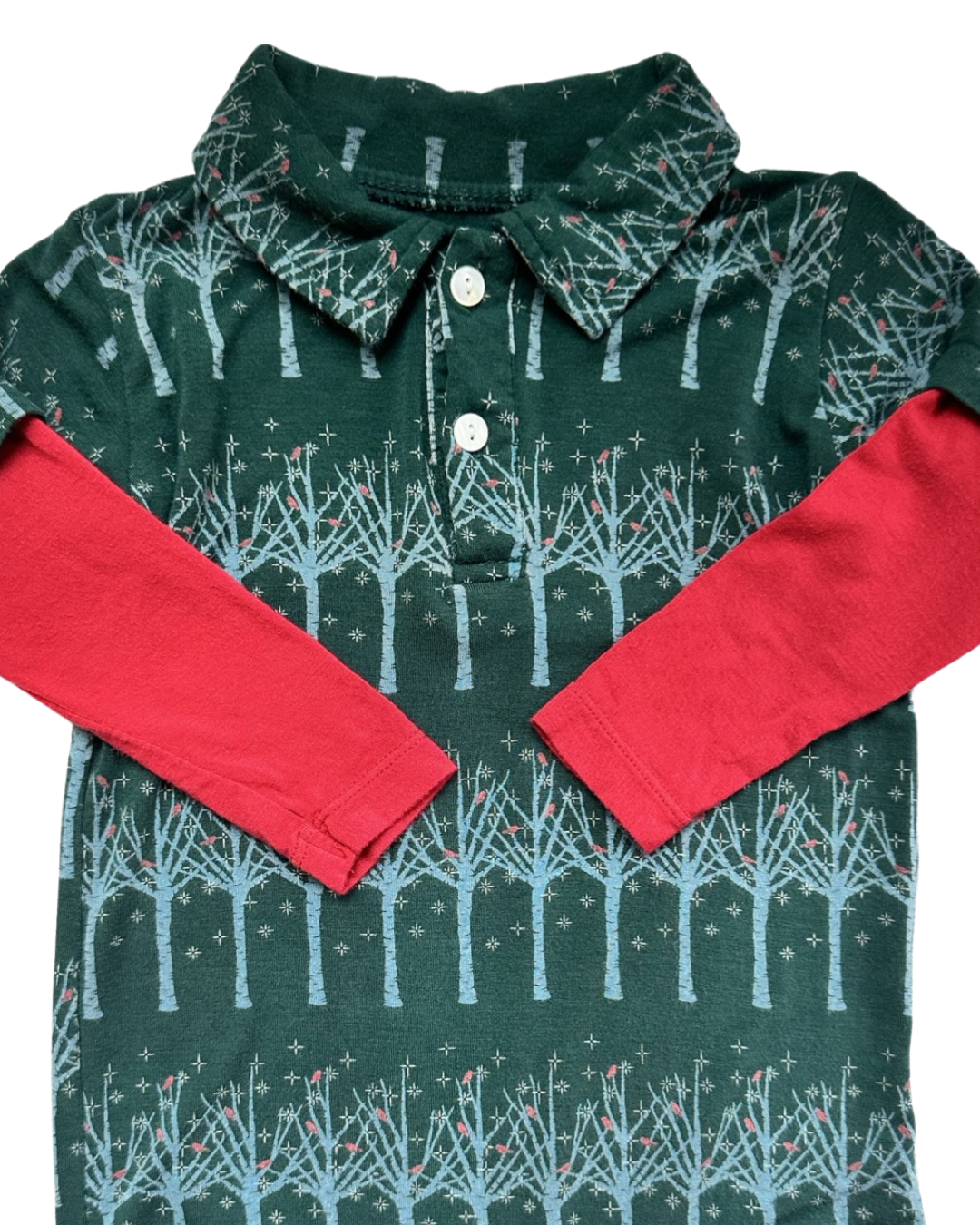 18-24M Baby Boy Bamboo KicKee Pants Green Pine Frosted BirchTree Long Sleeve Polo Romper