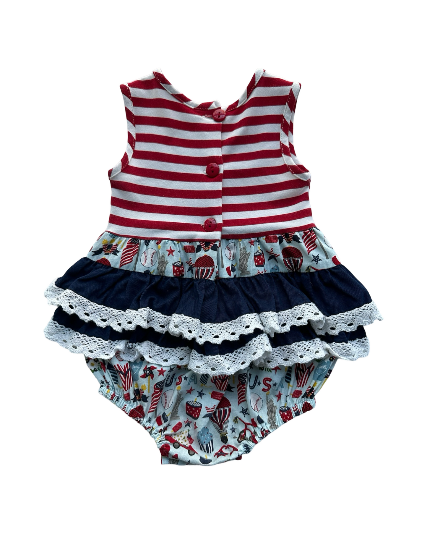 12M Baby Girl Patriotic American Ric Rac & Ruffles Bubble with Monogramed "A"