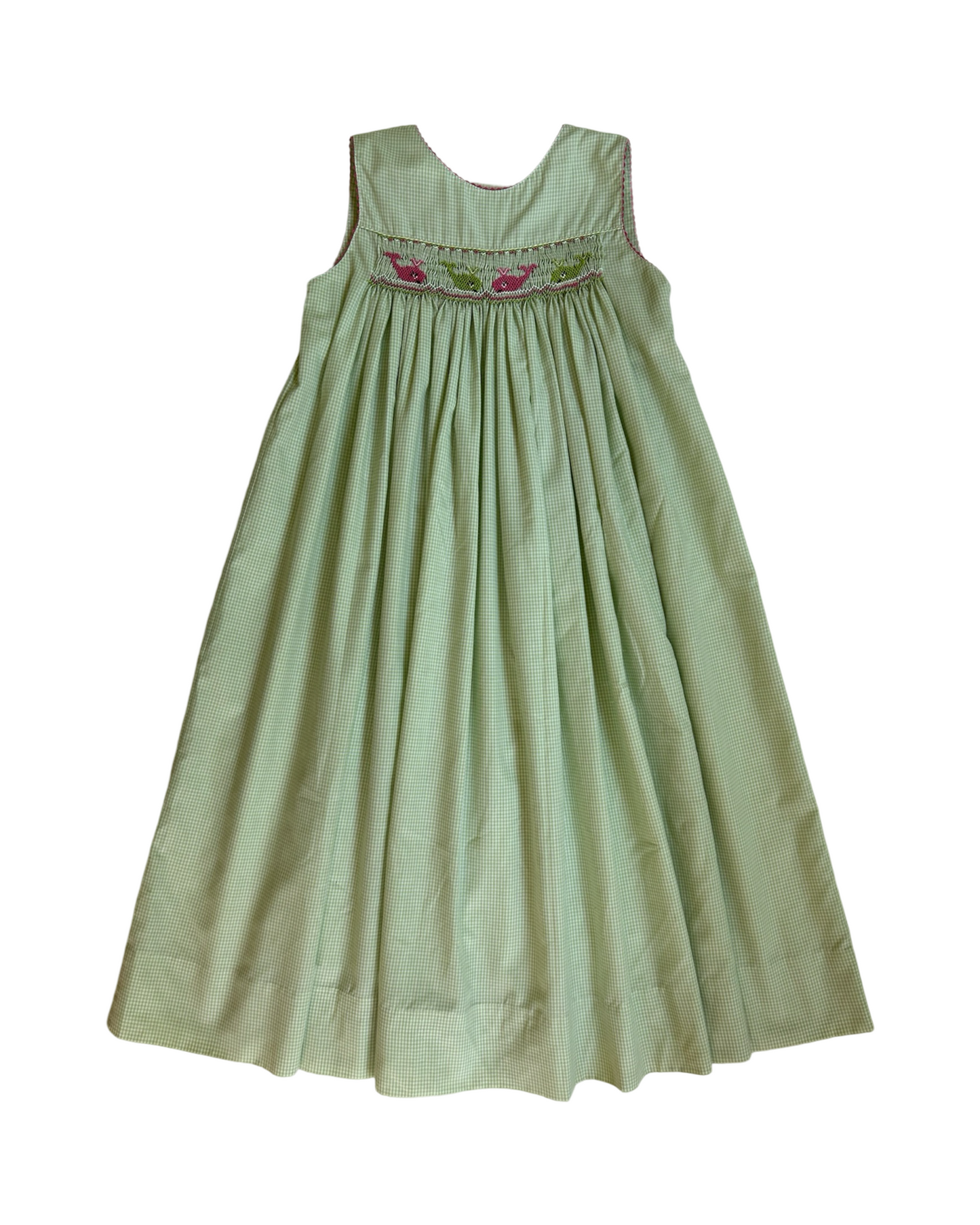 6x Girls Green Gingham Smocked Whale Beach Dress