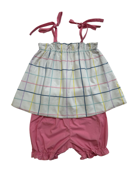 6Y Youth Girls The Beaufort  Bonnet Company Plaid Top With Pink Tie Shoulders And Pink Bloomers Two Piece Set Outfit NWOT.
