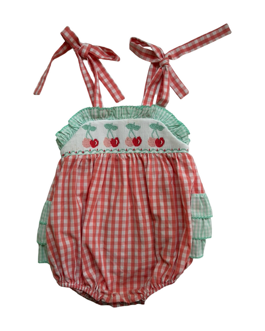12M Baby Girls Shrimp & Grits Kids Red And White Gingham Pattern Ruffled Mint Green Trim, Embroidered Cherries Bubble Romper.