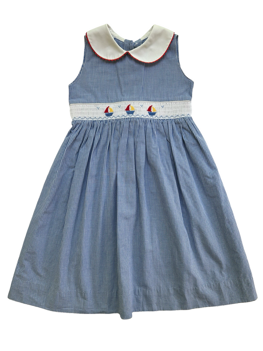 4T  Toddlers Girls Anavini Blue Gingham Sailboat ⛵️ Sleeveless Smocked Dress.