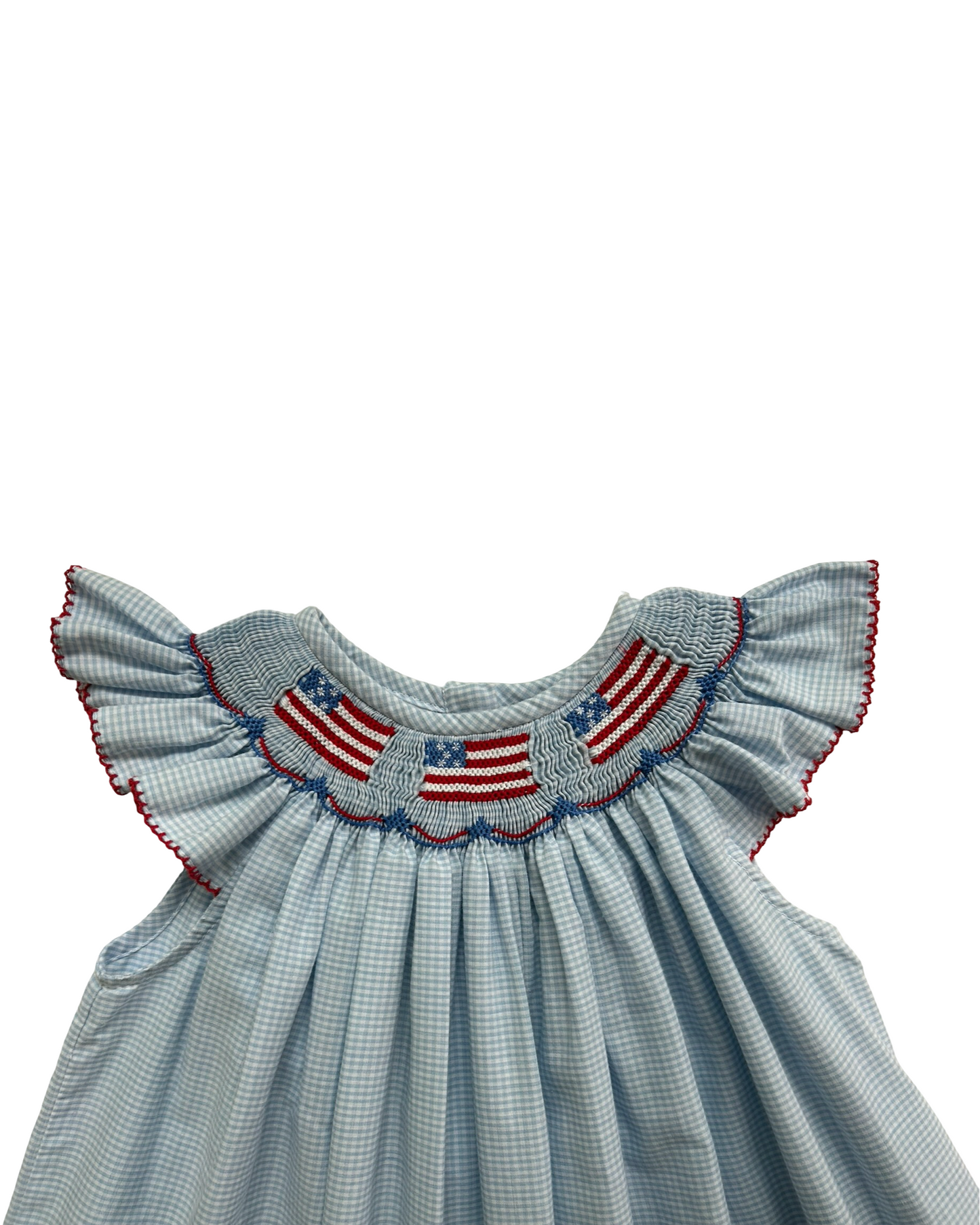 3T Toddlers Girls Southern Sunshine Patriotic Light Blue Gingham Flags 🇺🇸🇺🇸🇺🇸 Smocked And Ruffled Sleeves Dress