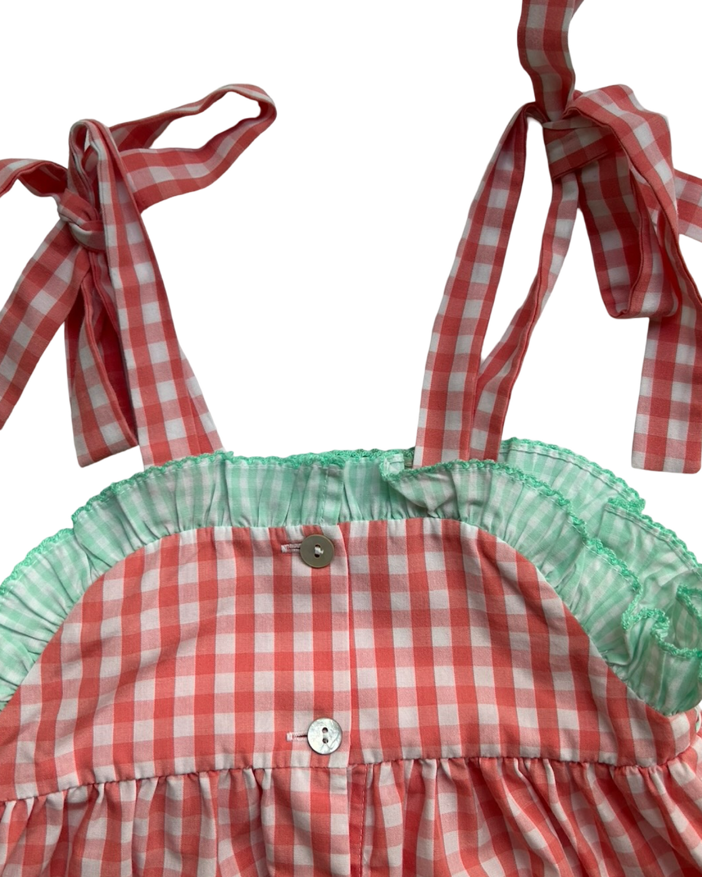 12M Baby Girls Shrimp & Grits Kids Red And White Gingham Pattern Ruffled Mint Green Trim, Embroidered Cherries Bubble Romper.