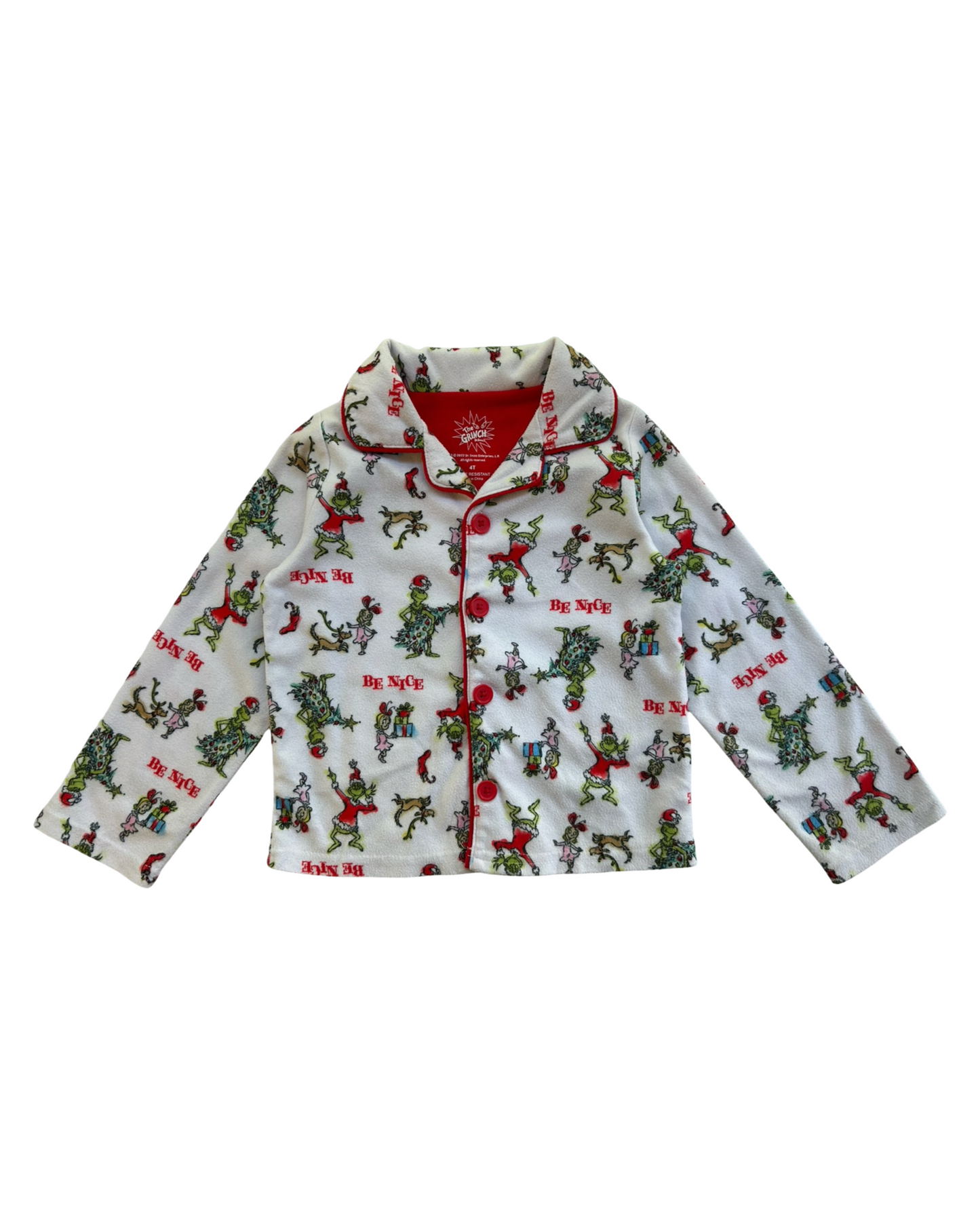 4T Toddler Boys/Girls (UNISEX) Dr Seuss The Grinch Flannel “Be Nice” Holiday Pajama 2 Piece Set