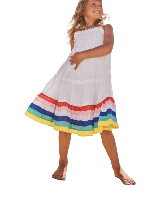 6-7 Toddler Girls Boden White Rainbow Stripe Woven Dress