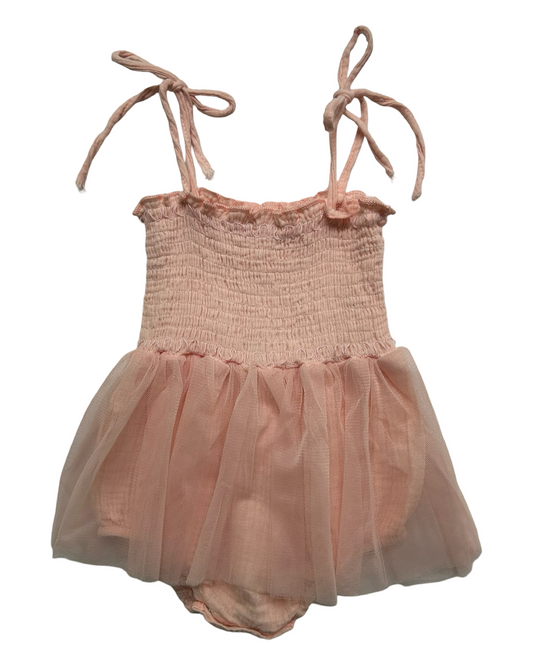 6M Baby Girls Smocked Tutu Tulle Onesie Bodysuit Bubble Dusty Rose Pink Sleeveless .