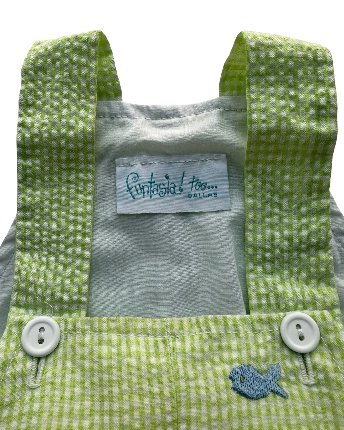 12M Baby Boy Funtasia Too Dallas Gingham Fish Embroidered Overalls Romper.