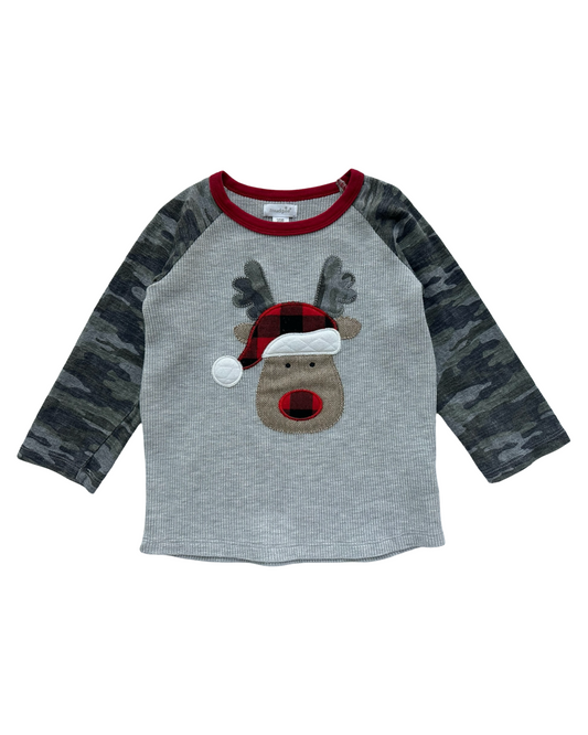 4T-5T Toddler Boys MudPie Little Boys Christmas Camo Rudolph Long Sleeve Waffle Weave Raglan T-Shirt
