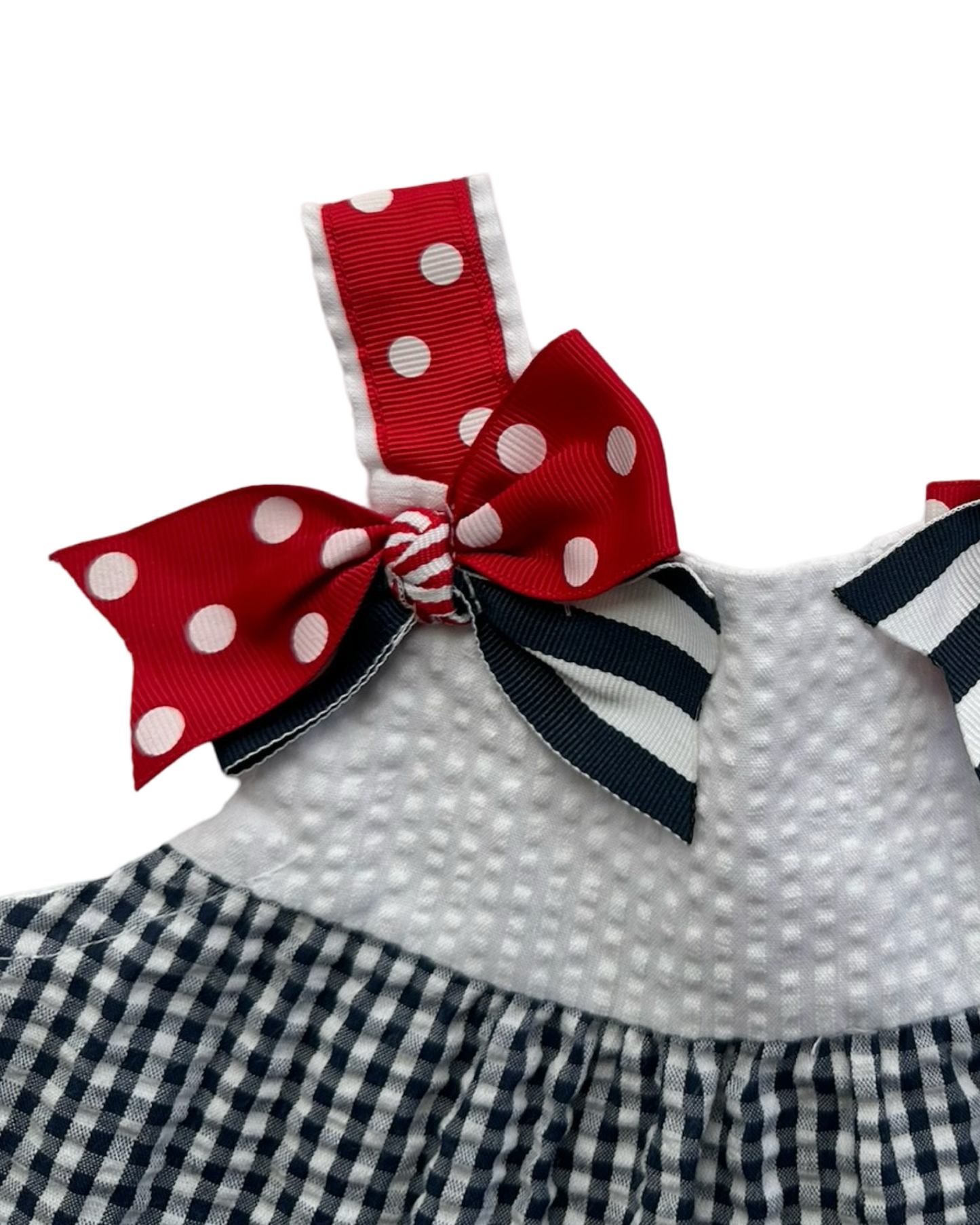 6-9M Baby Girl Red / White / Blue Seersucker Rare Editions American Butterfly Dress w/ Bloomers