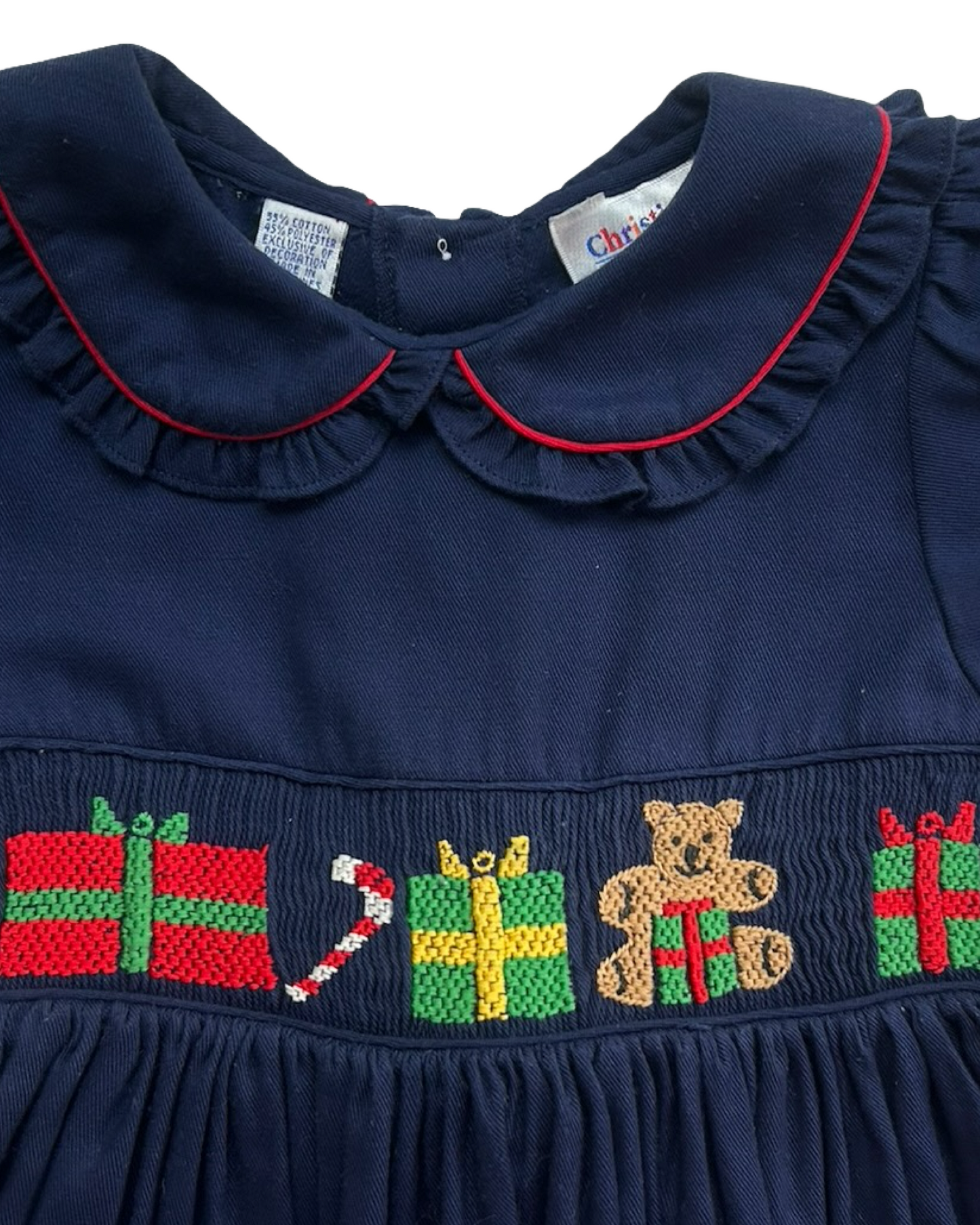 4T Toddler Girls Vintage Christie Brooks Smocked And Embroidered Holiday Gift-Bear-Candy Canes Dress.