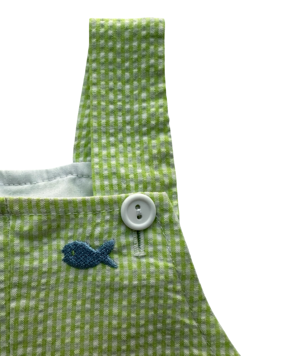 12M Baby Boy Funtasia Too Dallas Gingham Fish Embroidered Overalls Romper.