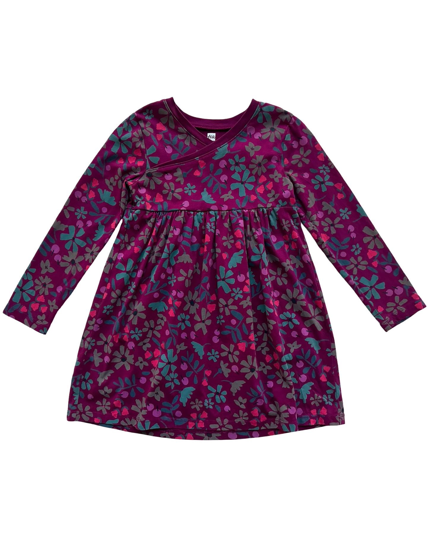 6T Toddler Girls Tea Collection Floral Wrap Neck Long Sleeve Dress.