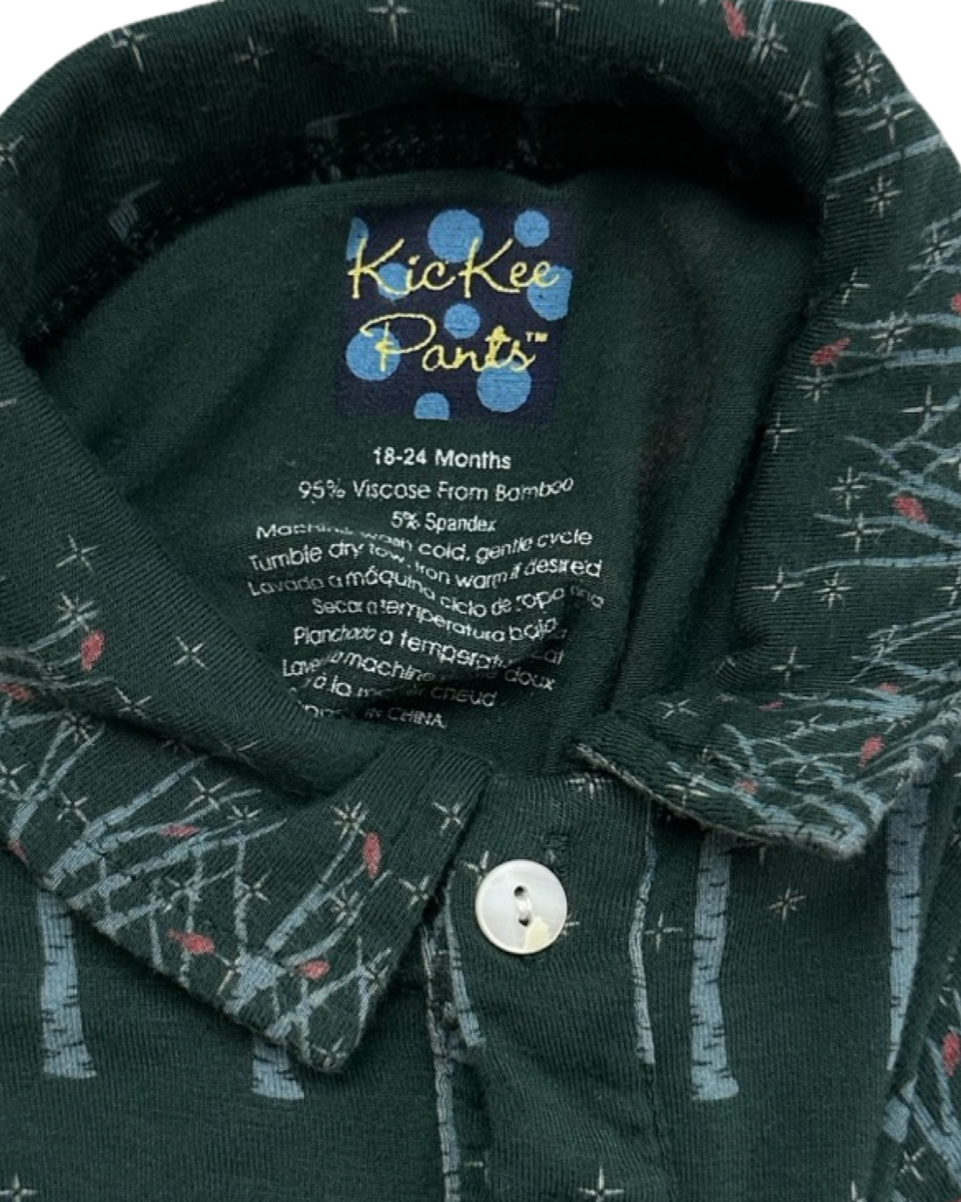 18-24M Baby Boy Bamboo KicKee Pants Green Pine Frosted BirchTree Long Sleeve Polo Romper