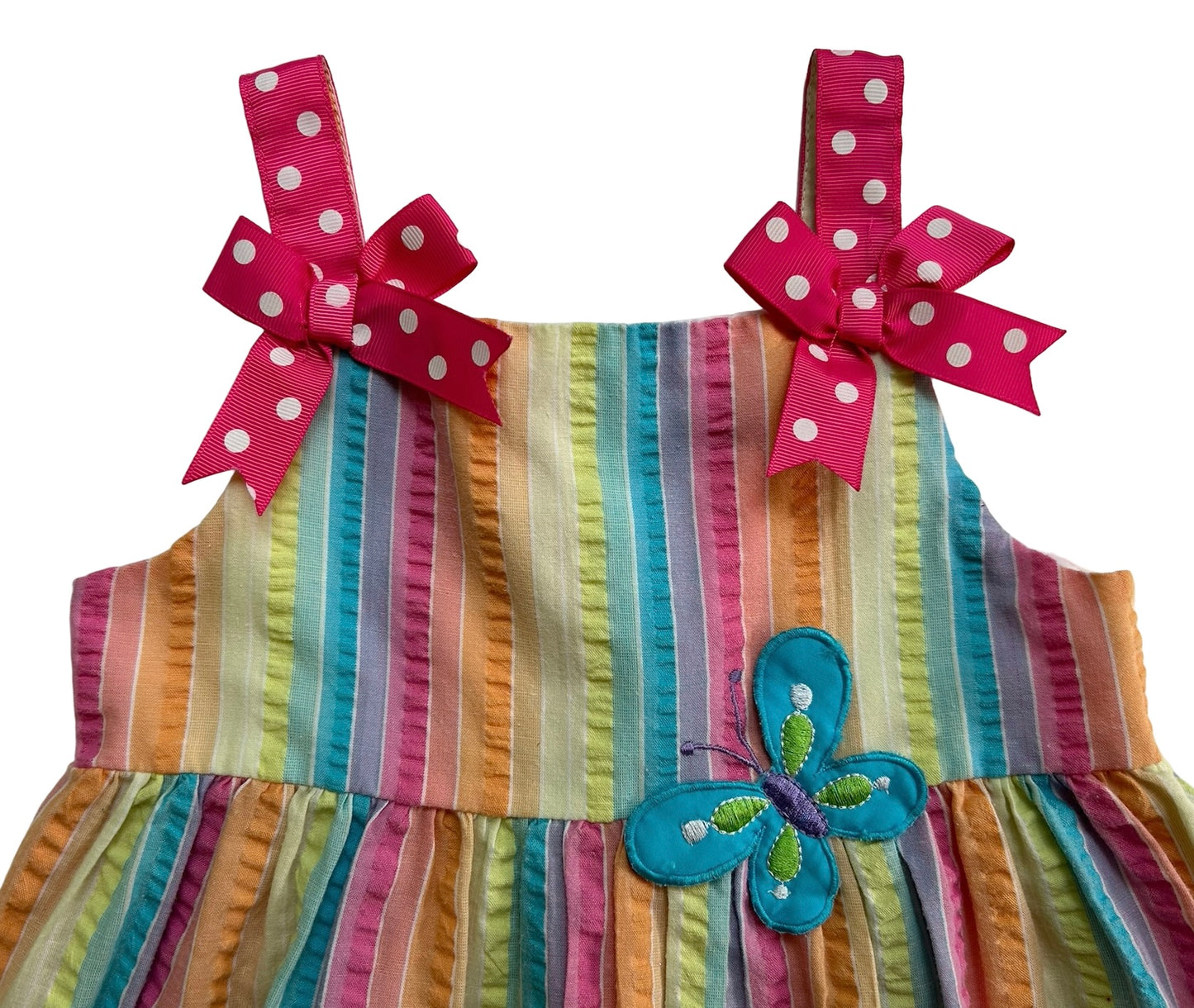 3T Toddler Baby Girl’s Rare Too! Striped Seersucker Dress With Butterfly Appliqués.