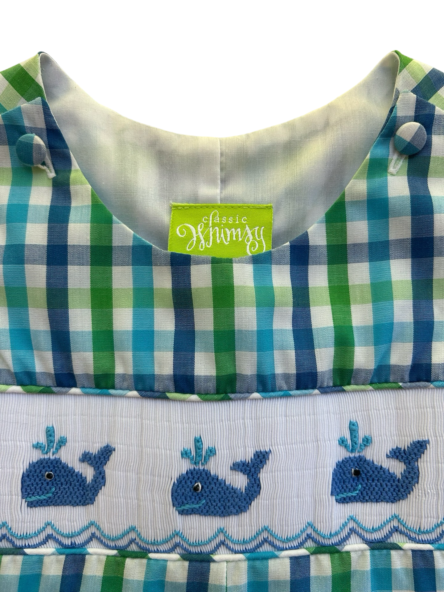 12M Baby Boy Classic Whimsy Blue & Green Gingham Whale Bubble Romper Jon Jon