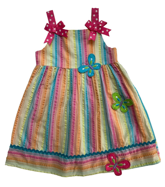 3T Toddler Baby Girl’s Rare Too! Striped Seersucker Dress With Butterfly Appliqués.
