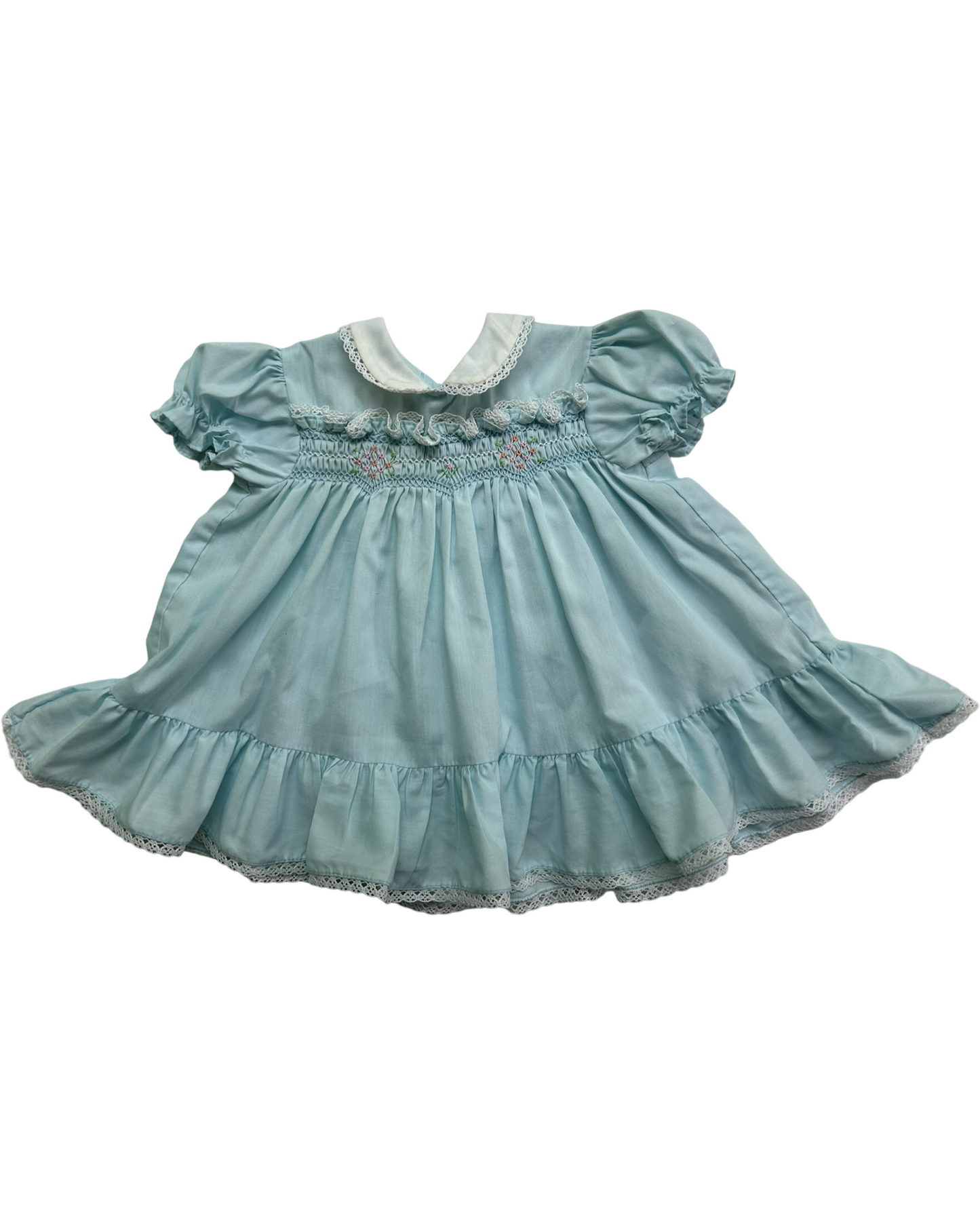 6M-12M Baby Girl Vintage Polly Flinders Blue Hand Smocked Dress.