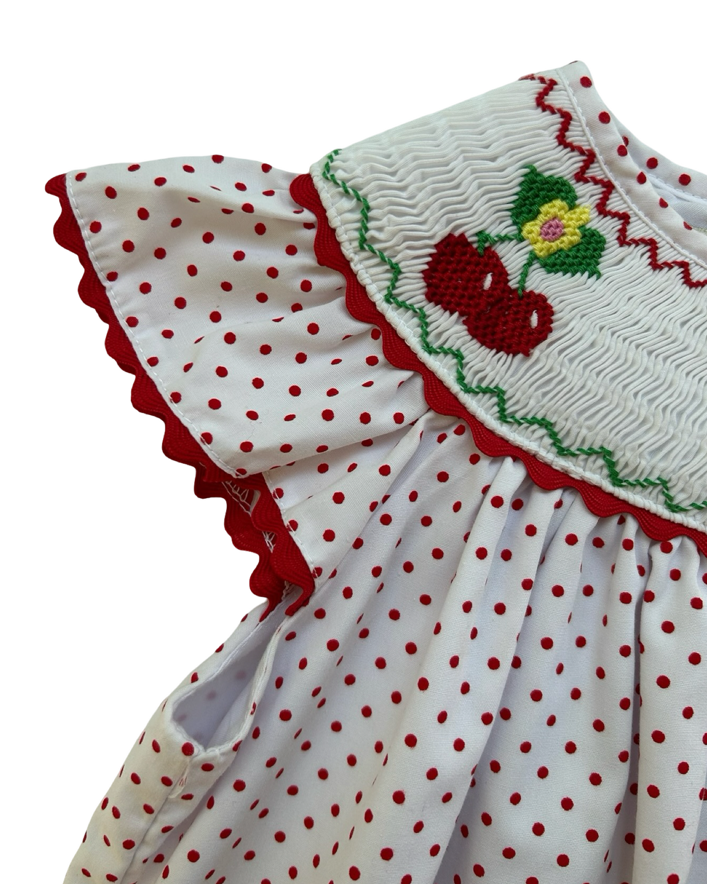 4T Toddlers Girls Marmellata Smocked Bishop With Cherry Embroidered And Polka Dot Dress.