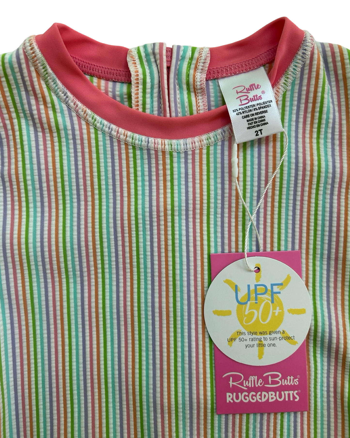 2T Toddler Girls RuffleButts Rainbow Seersucker Long Sleeve Rash Guard One Pieces. NWT