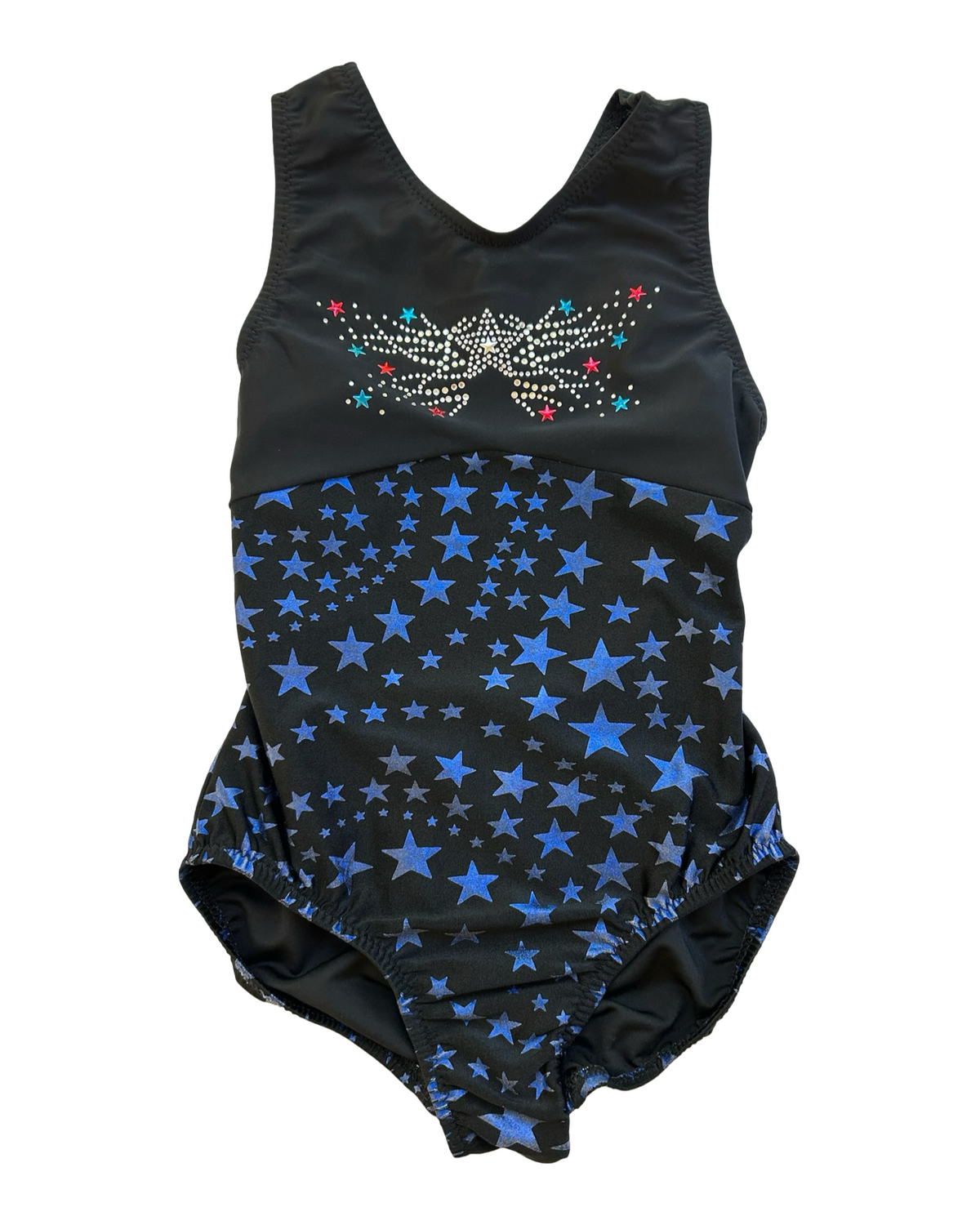 Large 6T-7T Toddler Girl’s Go For The Gold Gymnastics Leotard Stars Printed With Jewels.