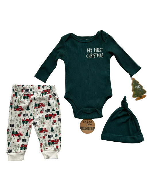 0-3M New Born Baby Boy ChickPea My First Christmas 3 Pieces Set Pajama NWT.