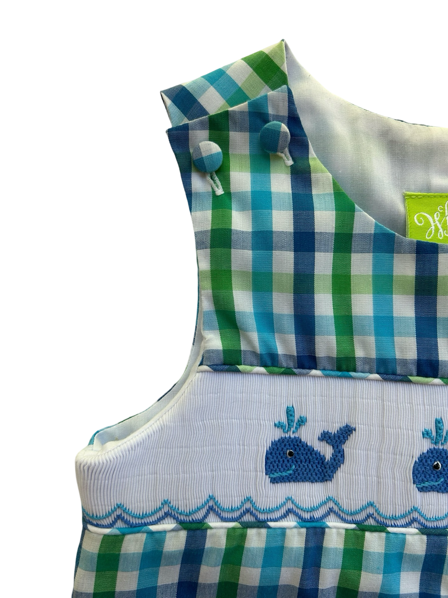 12M Baby Boy Classic Whimsy Blue & Green Gingham Whale Bubble Romper Jon Jon