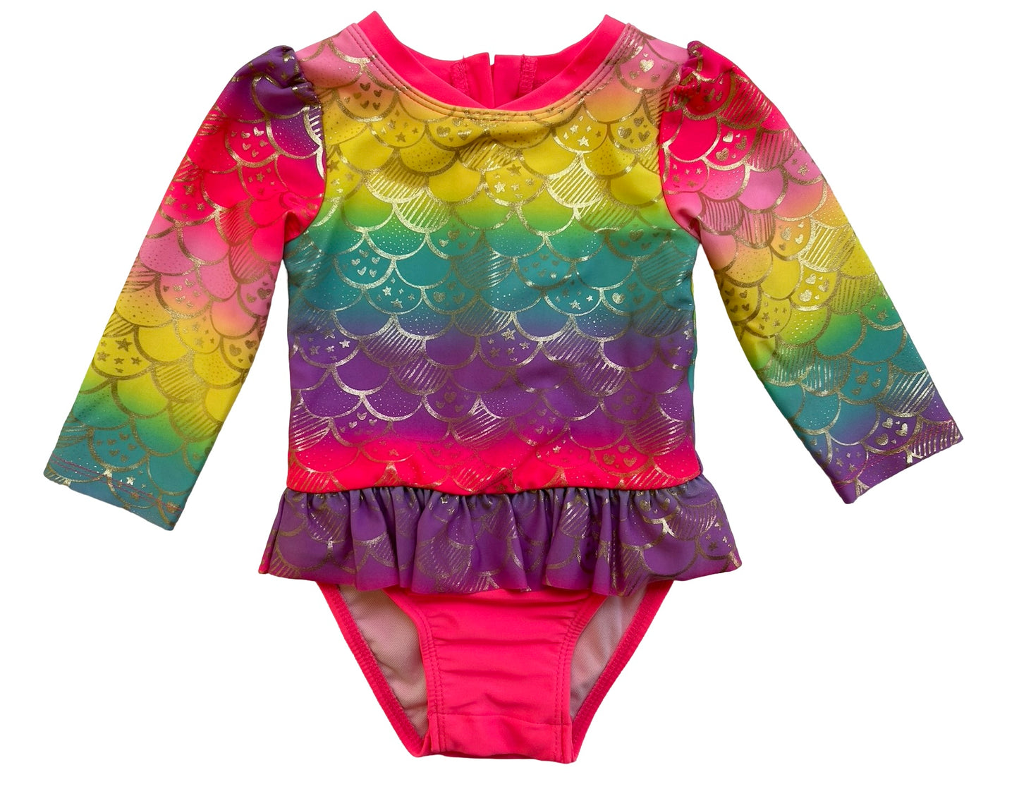 12M Baby Girl Cat & Jack Mermaid Metallic Rainbow Pink RashGuard Swim Suit One Piece.