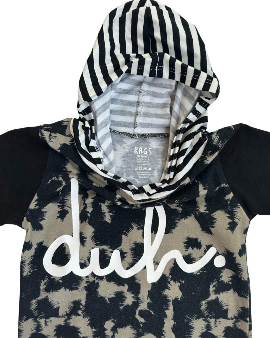 18-24M Baby Boy RAGS to Raches Black & Tan Hooded Duh Romper