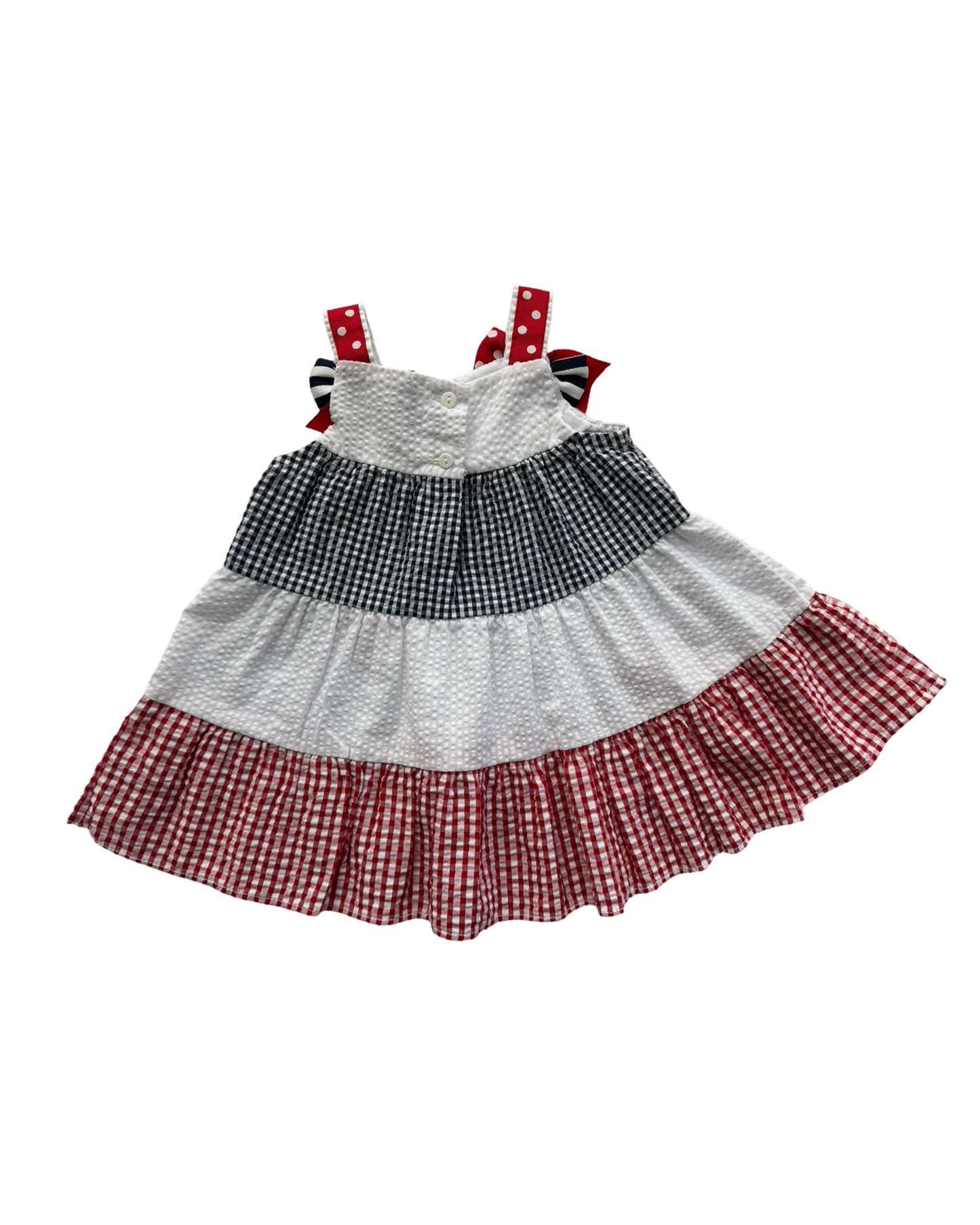 6-9M Baby Girl Red / White / Blue Seersucker Rare Editions American Butterfly Dress w/ Bloomers